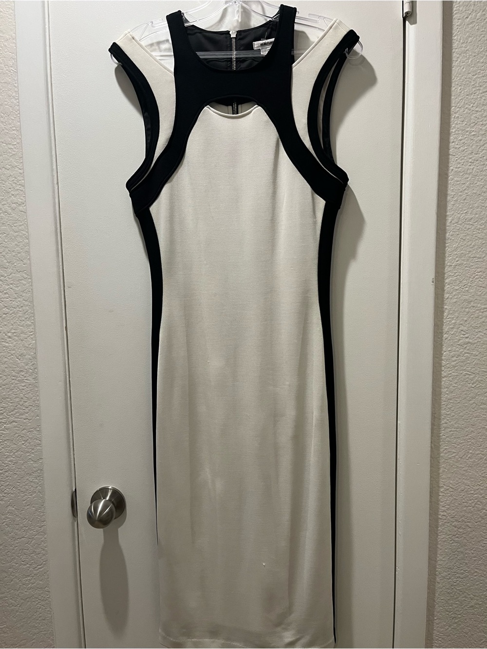 Helmut Lang Black and Ivory Color block Cutout Midi Dress